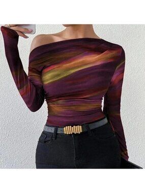 Casual Women's Marble Ombre Print Asymmetric Neck Fitted top